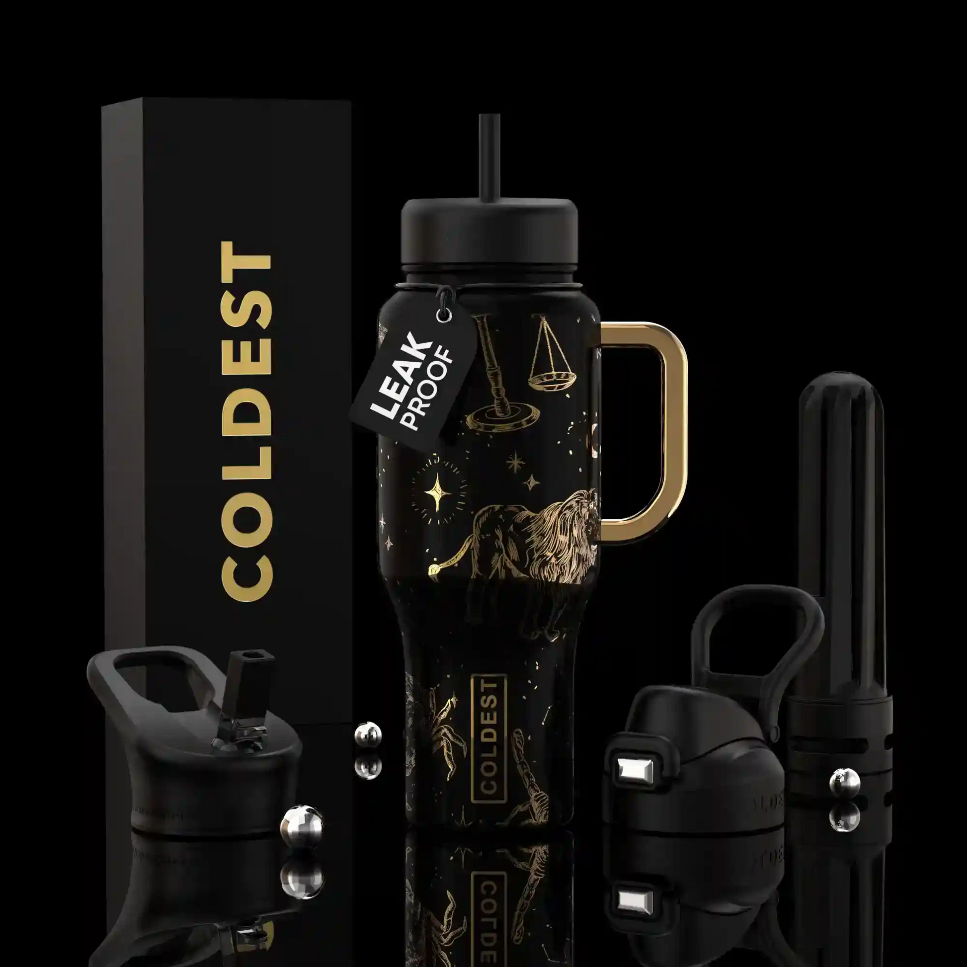 Black water bottle with gold design, 'Coldest' branding, and accessories on a black background