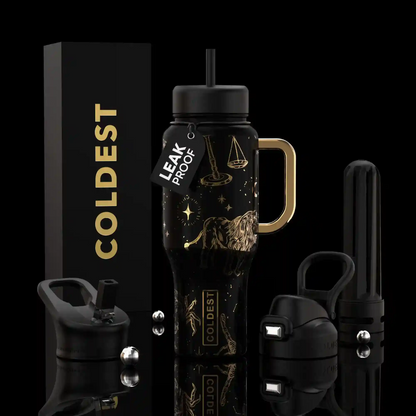Black water bottle with gold design, 'Coldest' branding, and accessories on a black background