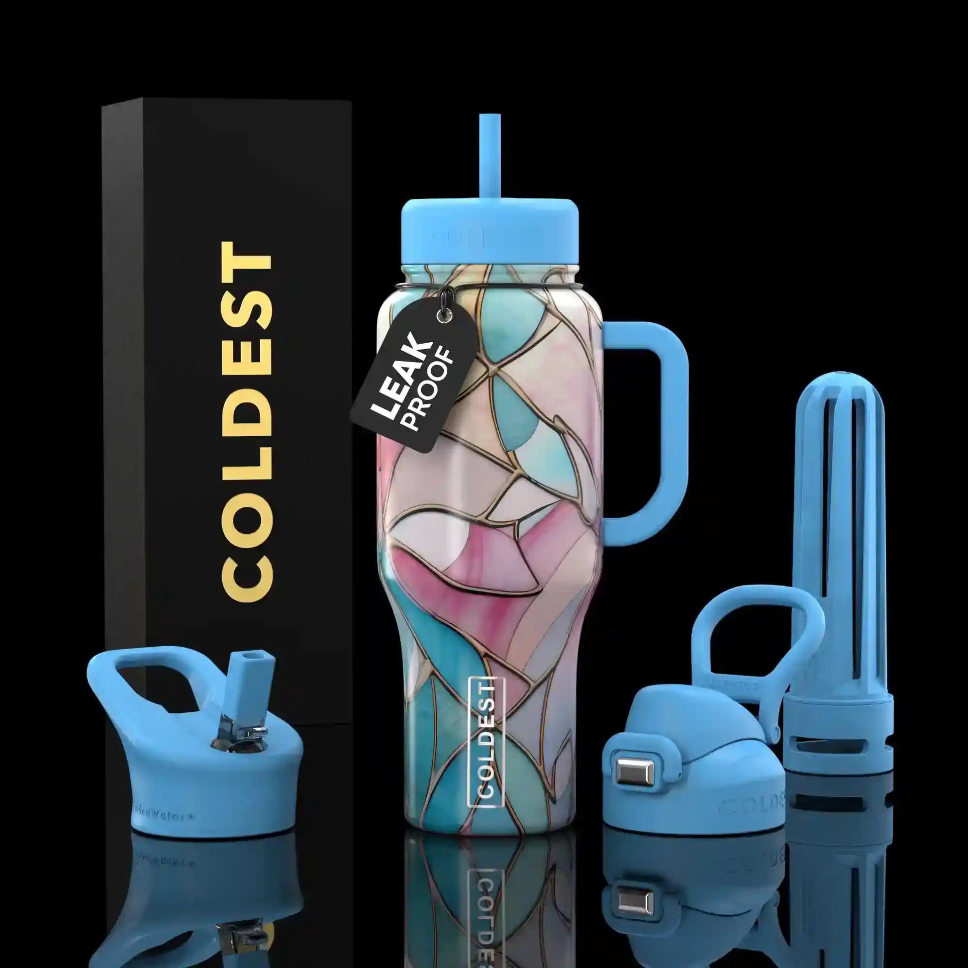 Leak-proof water bottle set with colorful design and blue accents on a black background
