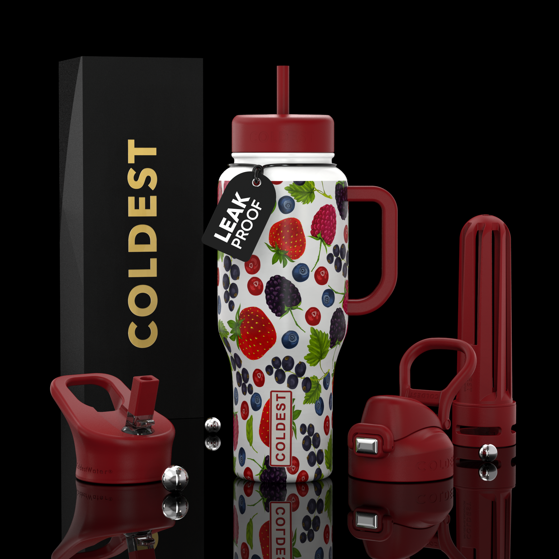 Leak-proof water bottle with berry pattern and red accents on a black background, featuring the brand 'Coldest'.