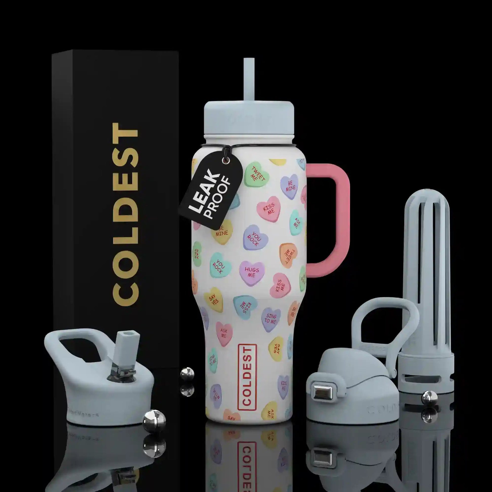 Colorful water bottle with heart pattern, accessories, and 'Coldest' branding on a black background.