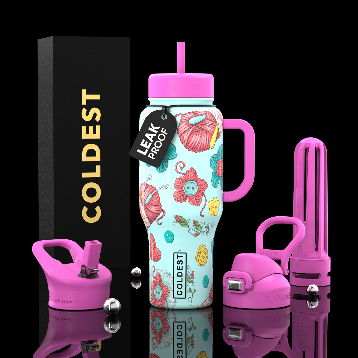 Colorful water bottle with floral design and pink accessories on a black background