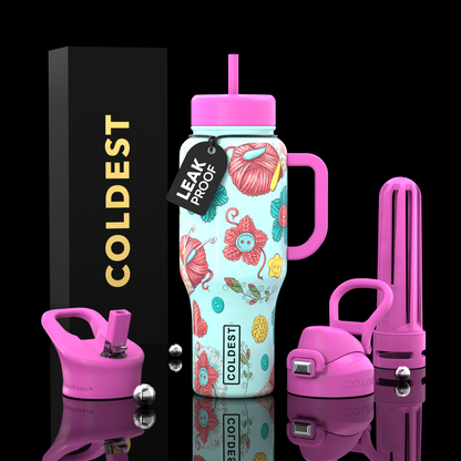 Colorful water bottle with floral design and pink accessories on a black background