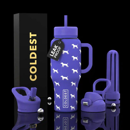 Purple water bottle with dog pattern, accessories, and 'COLDEST' branding on a black background.