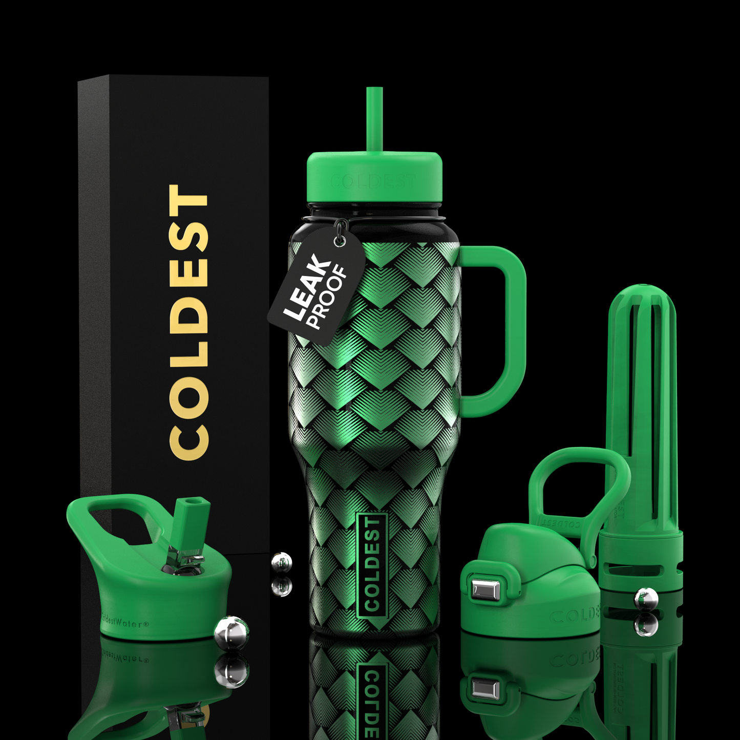 Green water bottle set with various components on a black background, featuring the brand 'Coldest'.