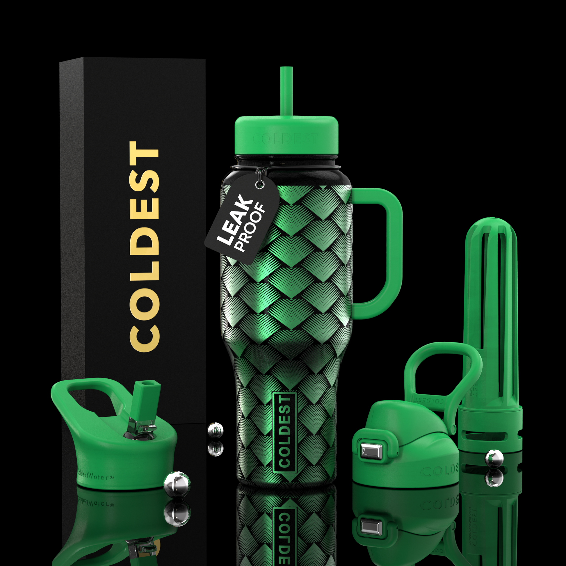 Green water bottle set with various components on a black background, featuring the brand 'Coldest'.