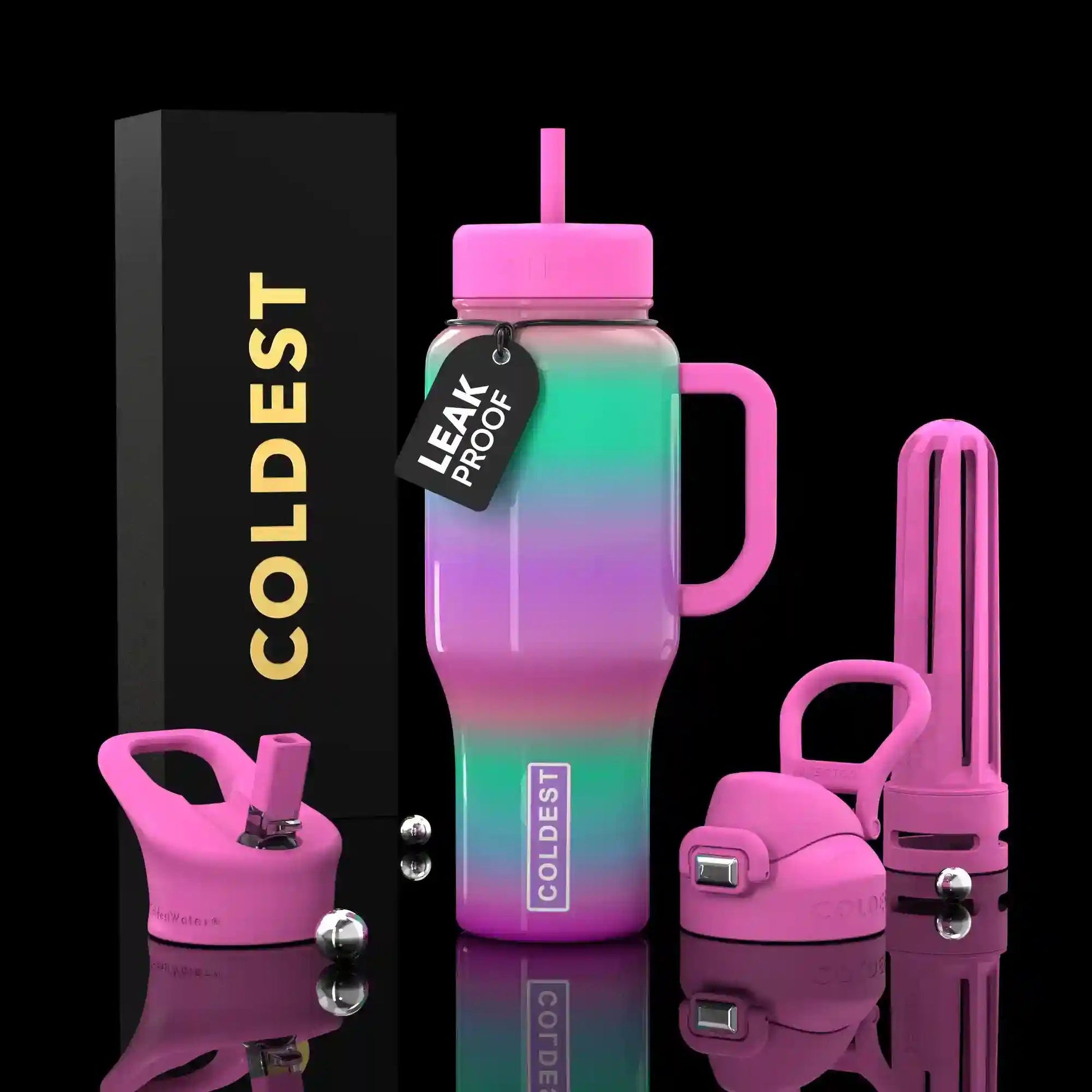 Gradient water bottle with pink accents and 'Coldest' branding on a black background
