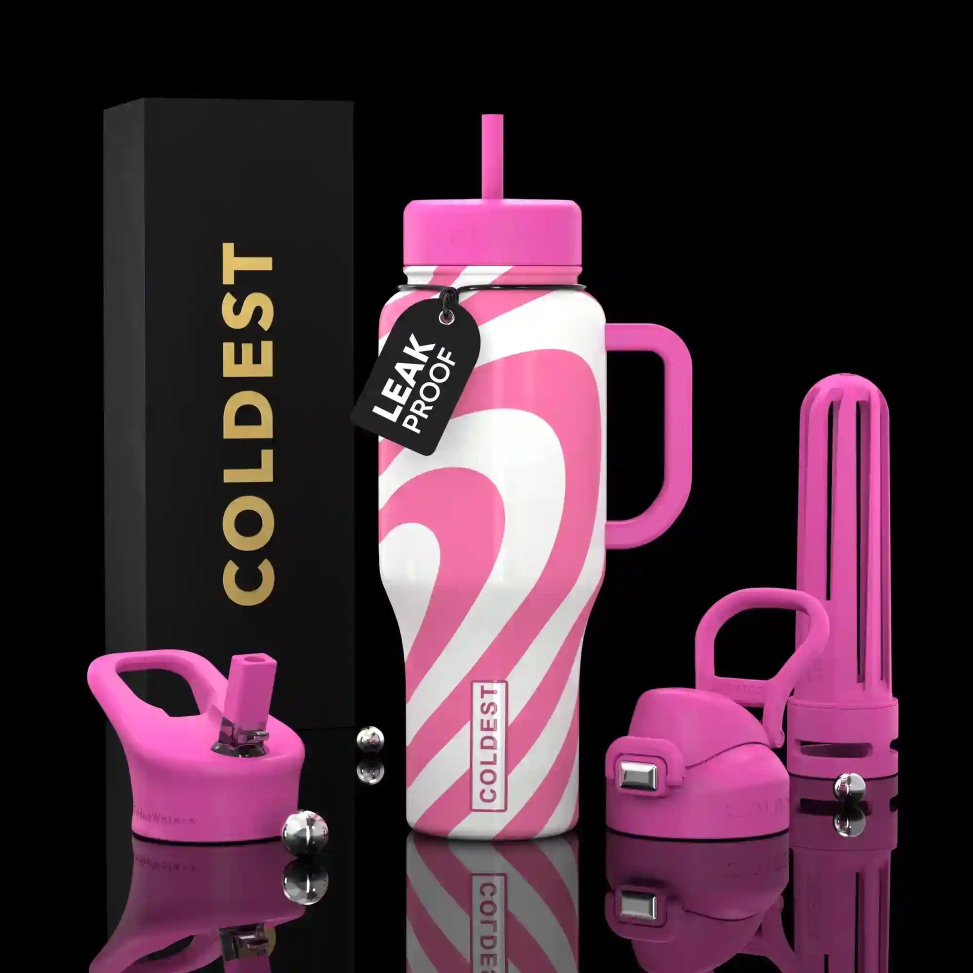 Pink and white striped water bottle with accessories on a black background, featuring the brand 'COLDEST'.