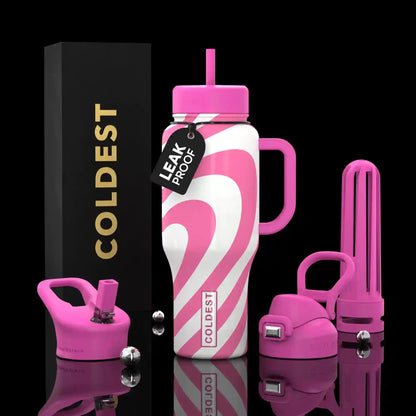 Pink and white striped water bottle with accessories on a black background, featuring the brand 'COLDEST'.