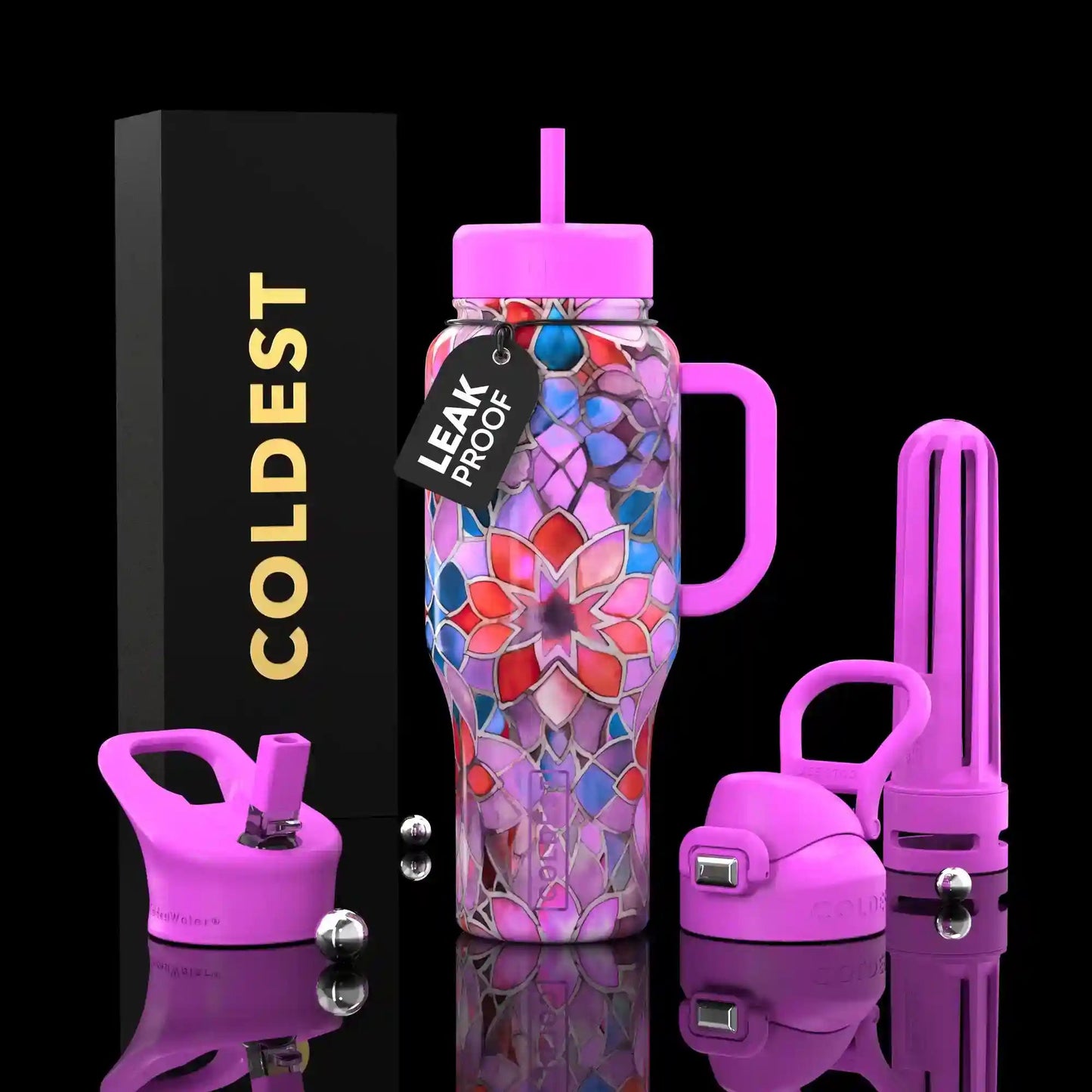 Colorful water bottle with floral design and accessories on a black background, featuring 'COLDEST' branding.