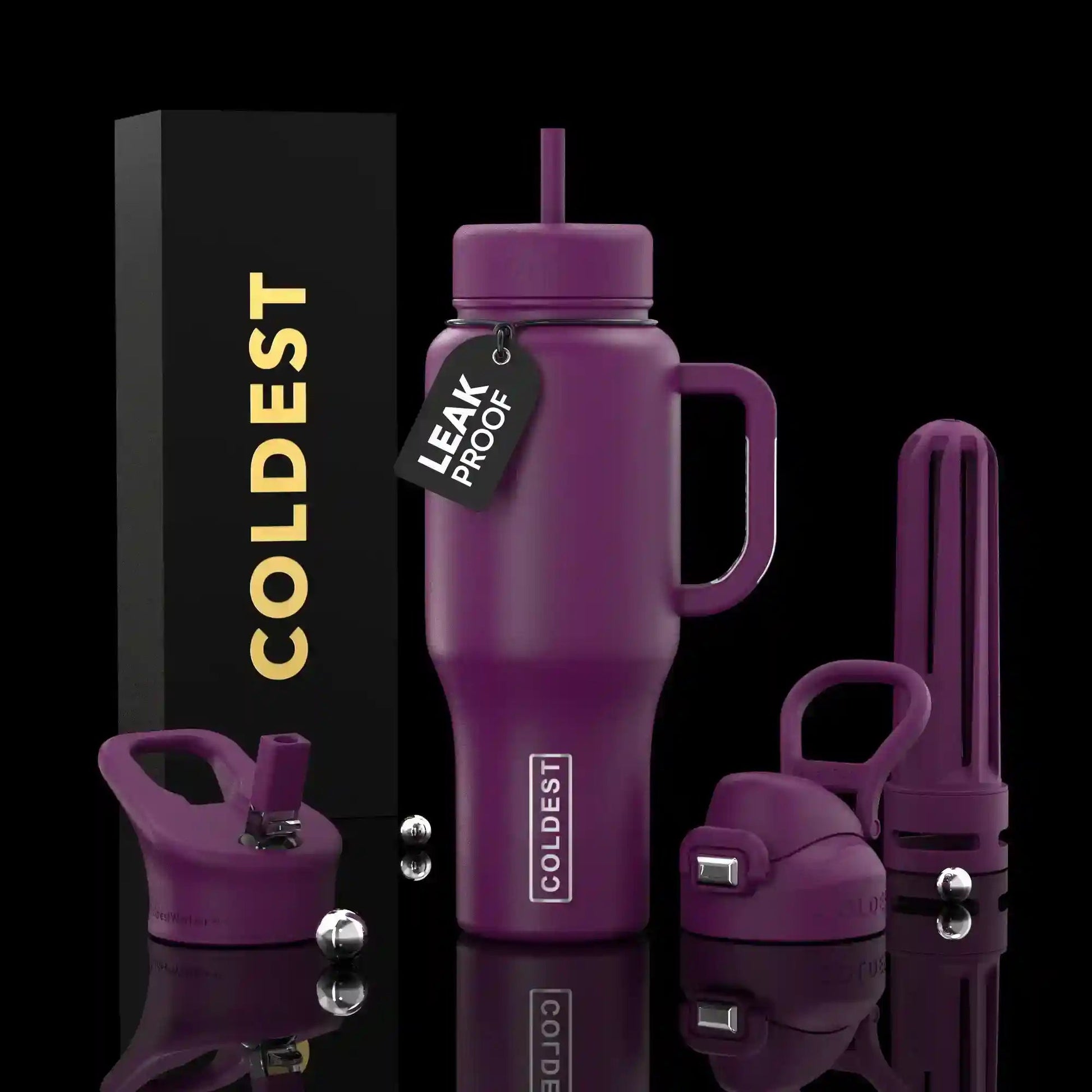 Purple water bottle with accessories and 'COLDEST' branding on a black background