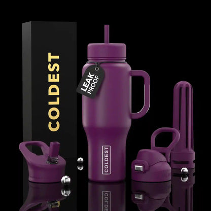 Purple water bottle with accessories and 'COLDEST' branding on a black background
