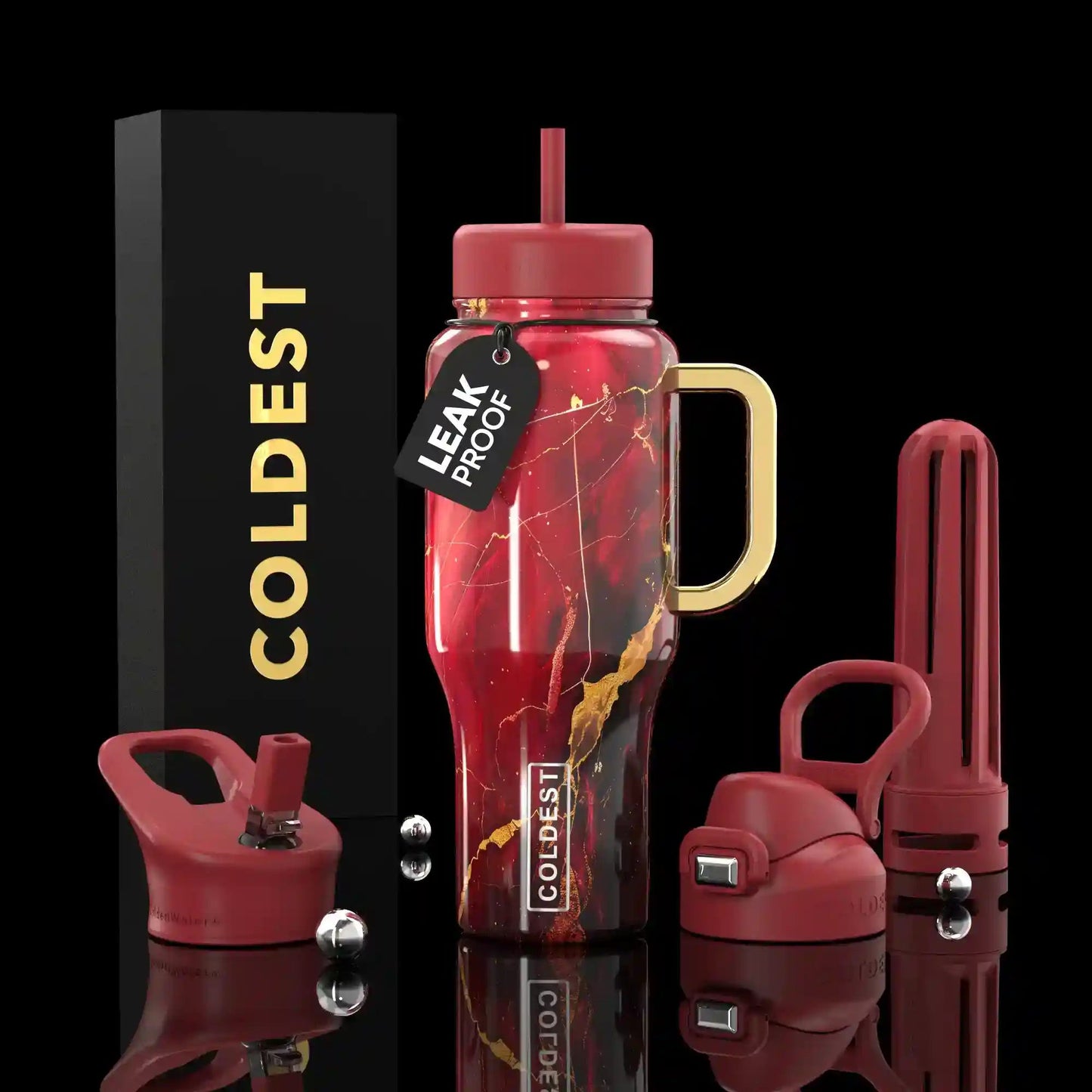 Red water bottle with marble design and accessories on a black background, featuring 'COLDEST' branding.