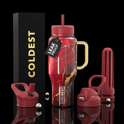 Red water bottle with marble design and accessories on a black background, featuring 'COLDEST' branding.
