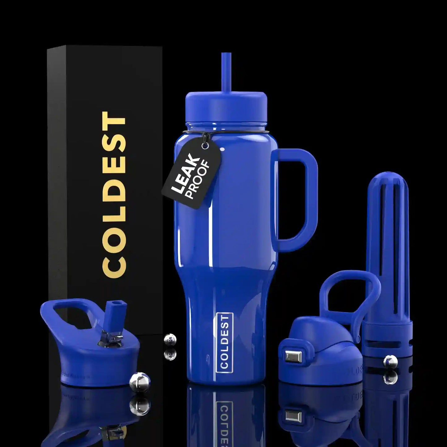 Blue water bottle set with accessories and 'COLDEST' branding on a black background