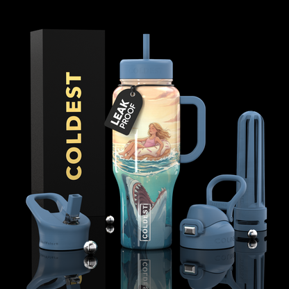 Leak-proof water bottle with shark design, accessories, and packaging on a reflective surface.