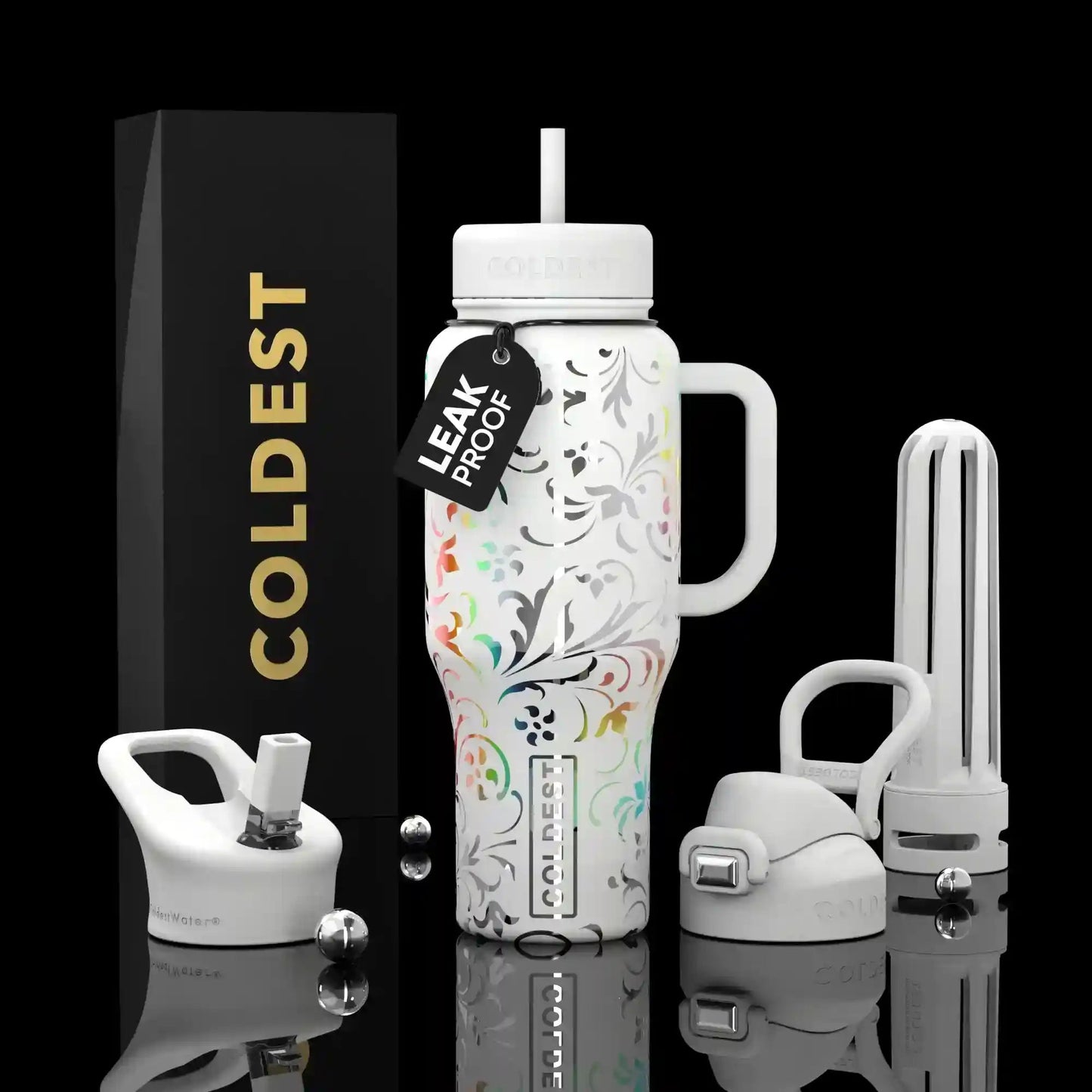 Leak-proof water bottle with decorative design, accessories, and 'Coldest' branding on a black background.