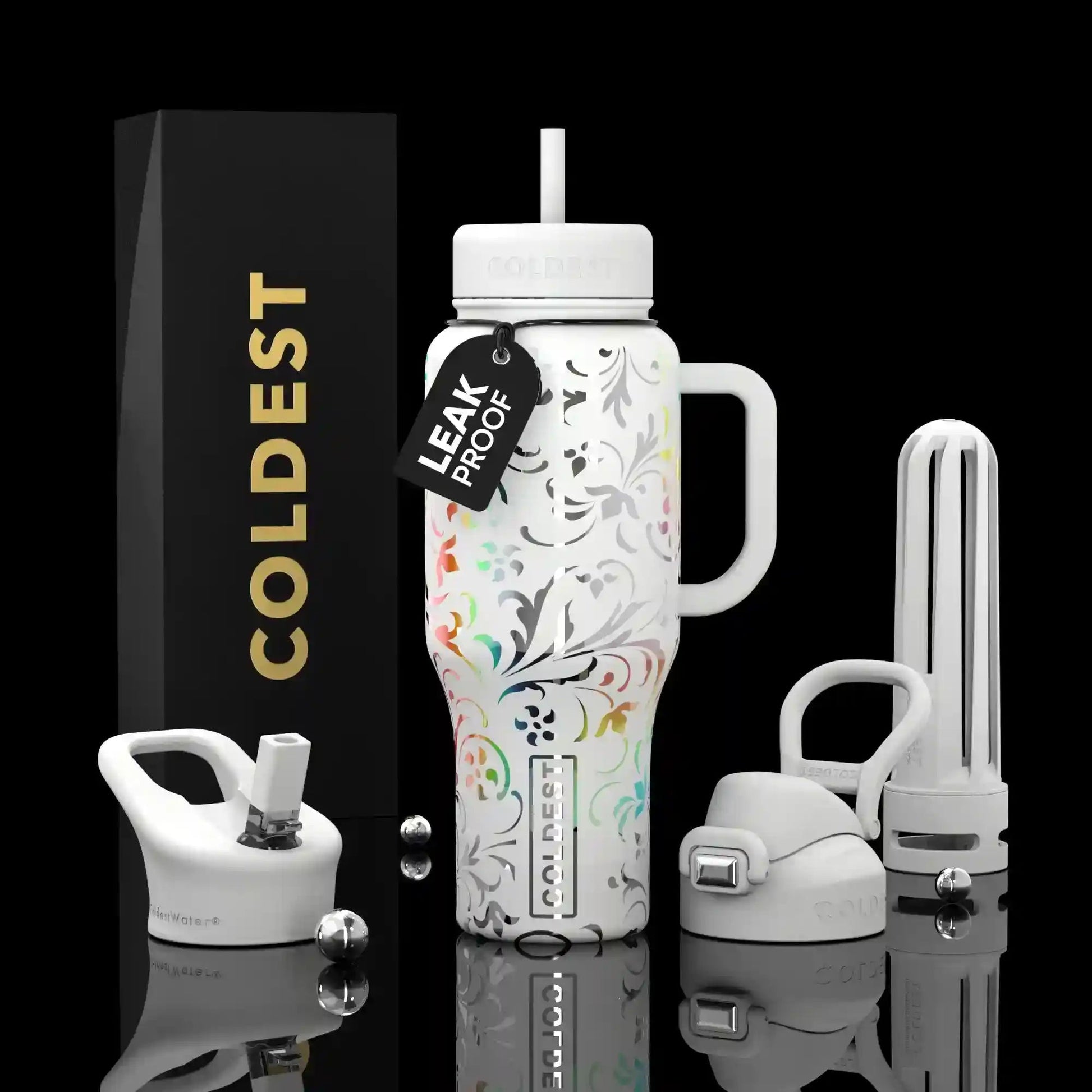 Leak-proof water bottle with decorative design, accessories, and 'Coldest' branding on a black background.