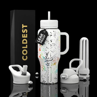 Leak-proof water bottle with decorative design, accessories, and 'Coldest' branding on a black background.