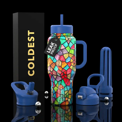 Colorful water bottle with mosaic design and blue accents, surrounded by accessories on a black background.
