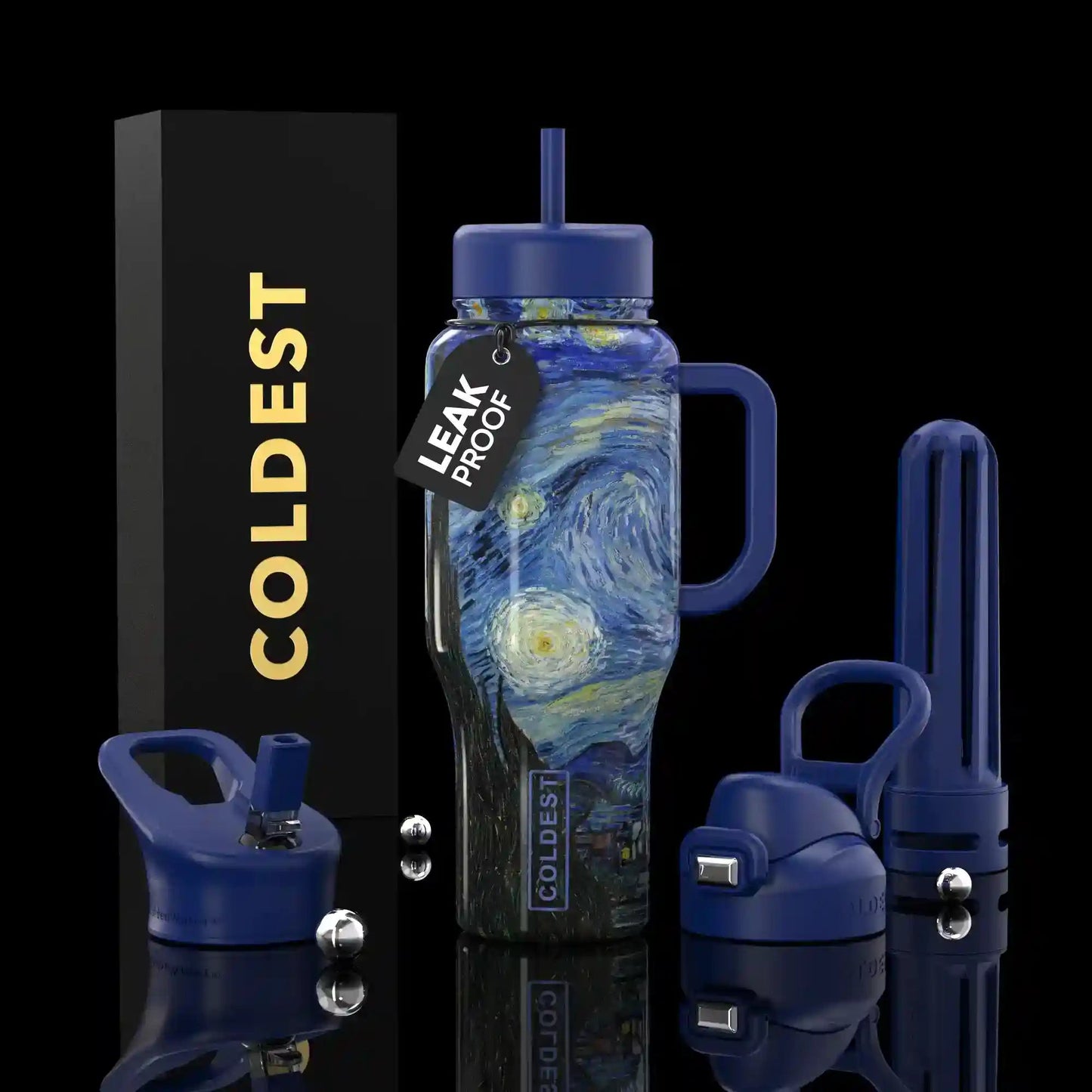 Blue water bottle with 'Coldest' branding and a Starry Night design on a black background