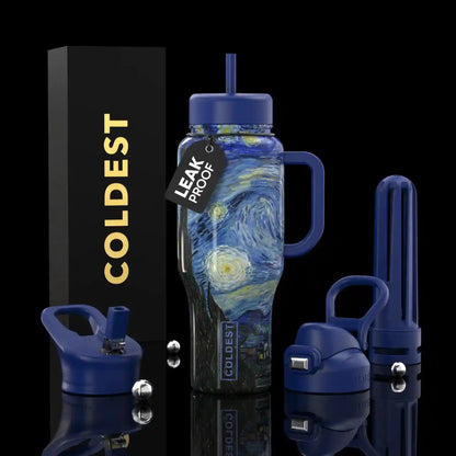 Blue water bottle with 'Coldest' branding and a Starry Night design on a black background