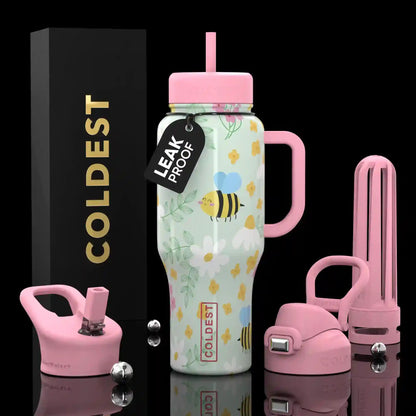 Pink and white water bottle with floral design and bee illustration, surrounded by pink accessories on a black background.