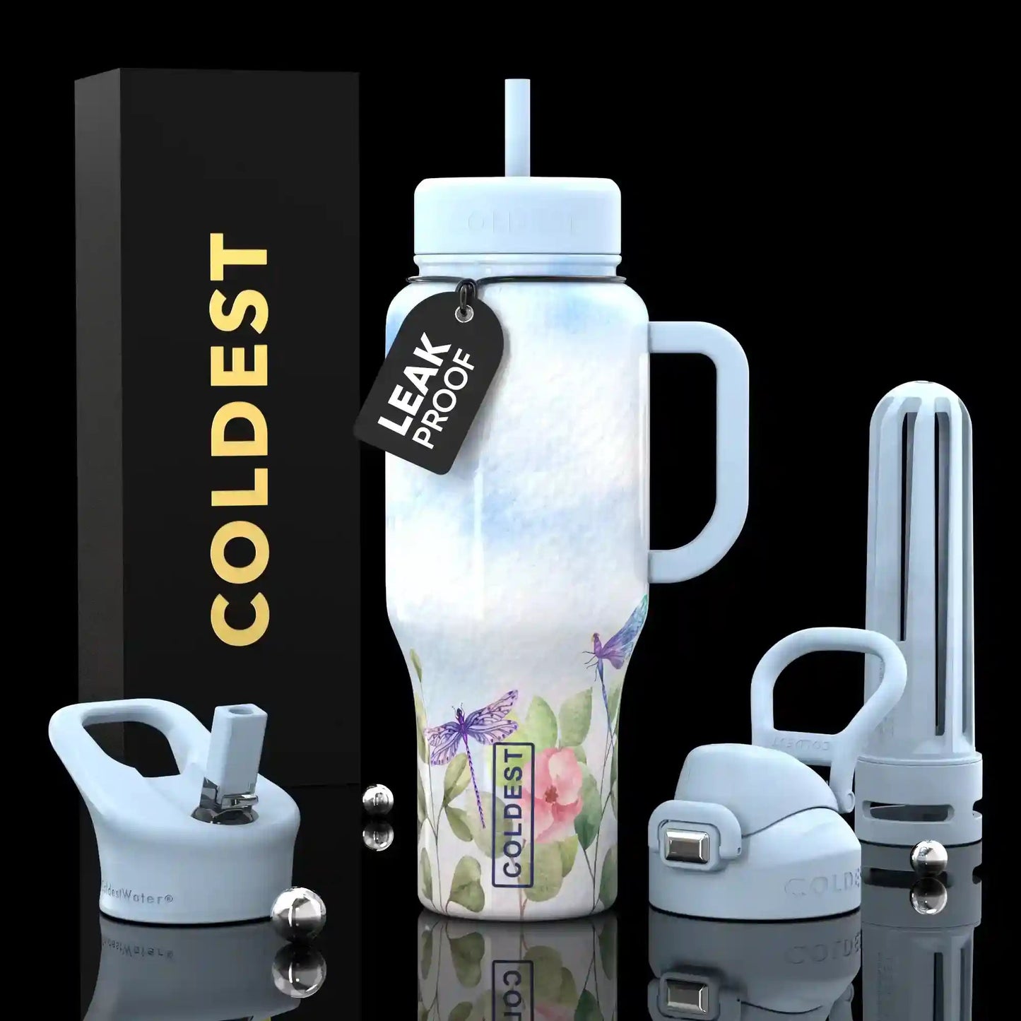 White water bottle with floral design and accessories on a black background, featuring the brand 'Coldest'.