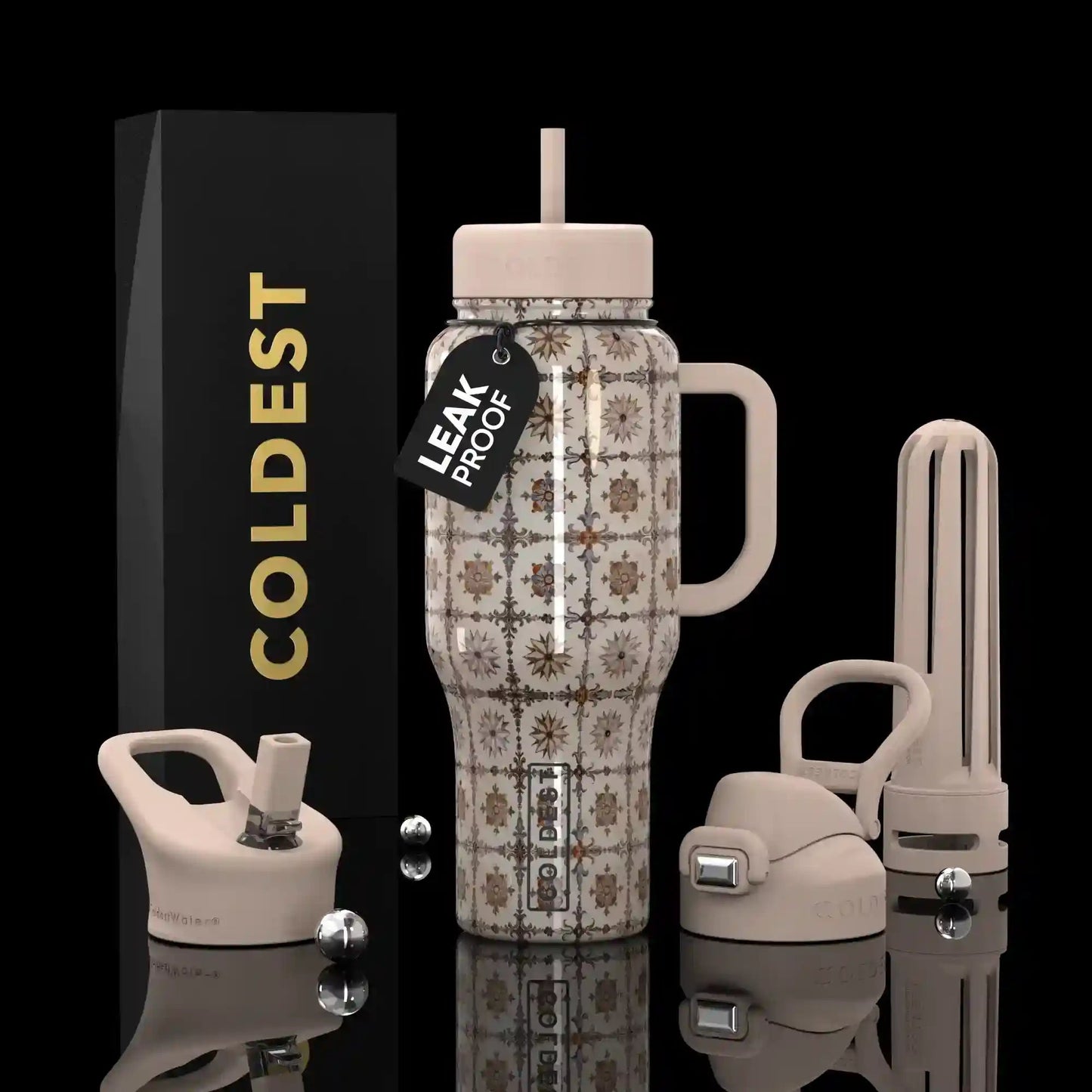 Patterned water bottle with accessories on a black background, featuring 'Coldest' branding.