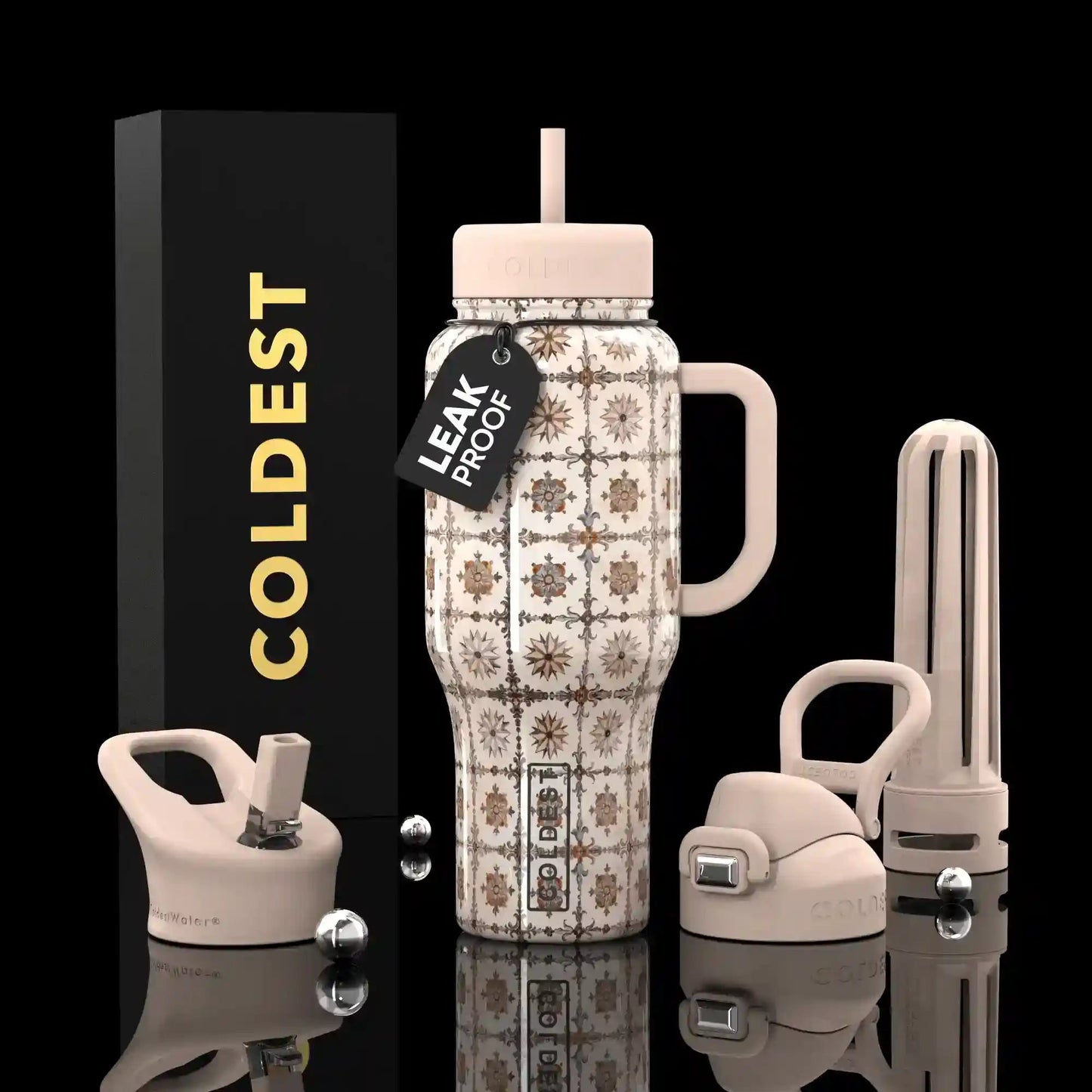 Leak-proof water bottle set with patterned design on a reflective surface, featuring 'COLDEST' branding.