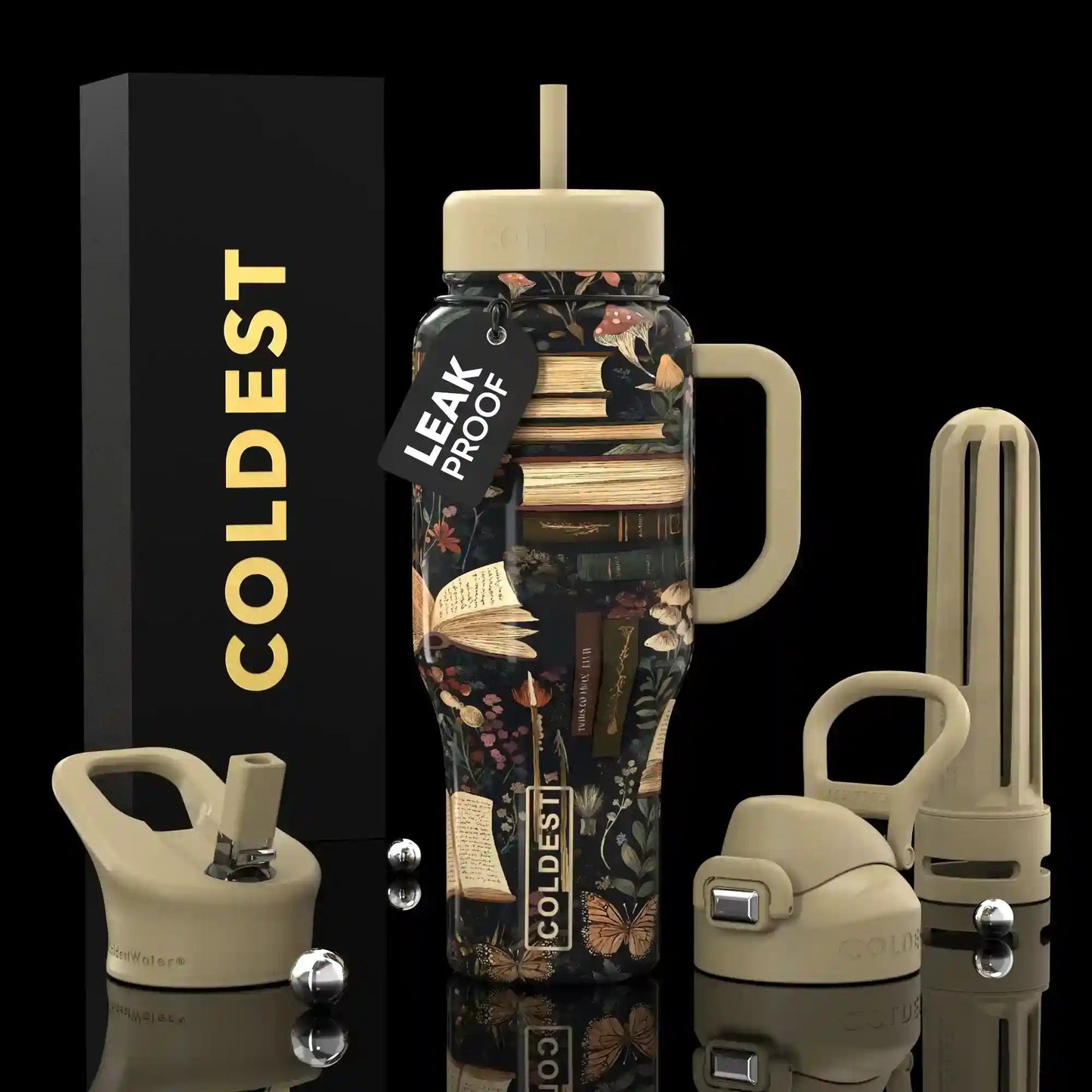 Decorative water bottle with handle and accessories on a black background, featuring the brand 'COLDEST'.