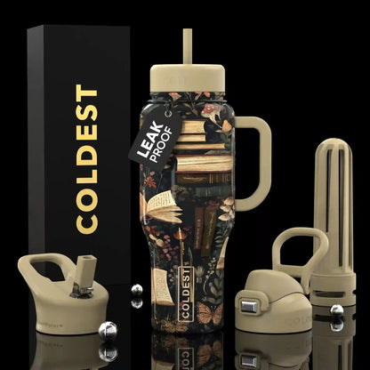 Decorative water bottle with handle and accessories on a black background, featuring the brand 'COLDEST'.