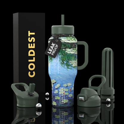 Leak-proof water bottle with multiple components on a black background, featuring the brand 'Coldest'.
