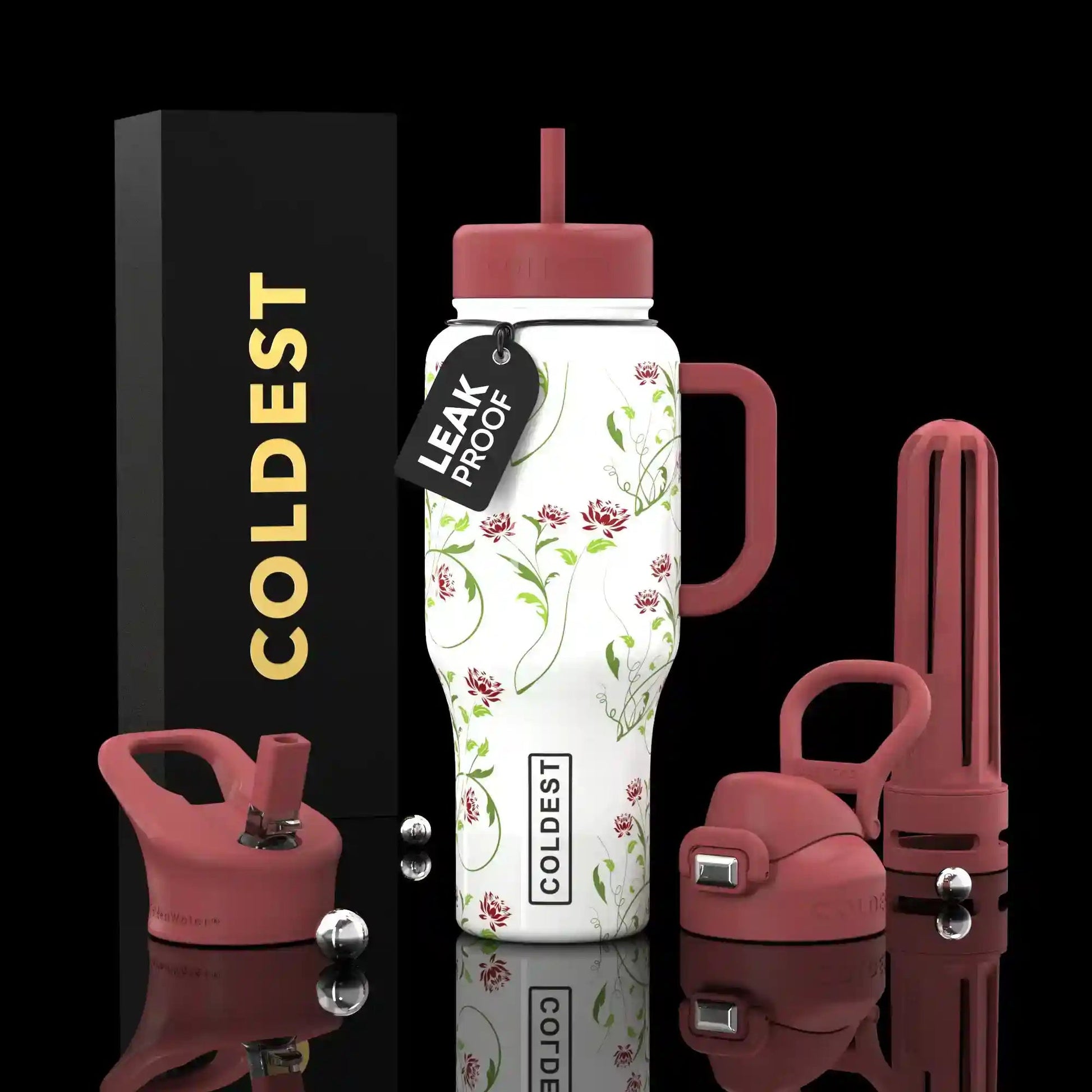 Floral-patterned water bottle with pink accents and 'Coldest' branding on a black background