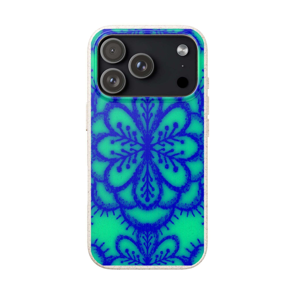 A phone case featuring a vibrant blue and green mandala pattern on a clear bumper, shown against a plain white background.