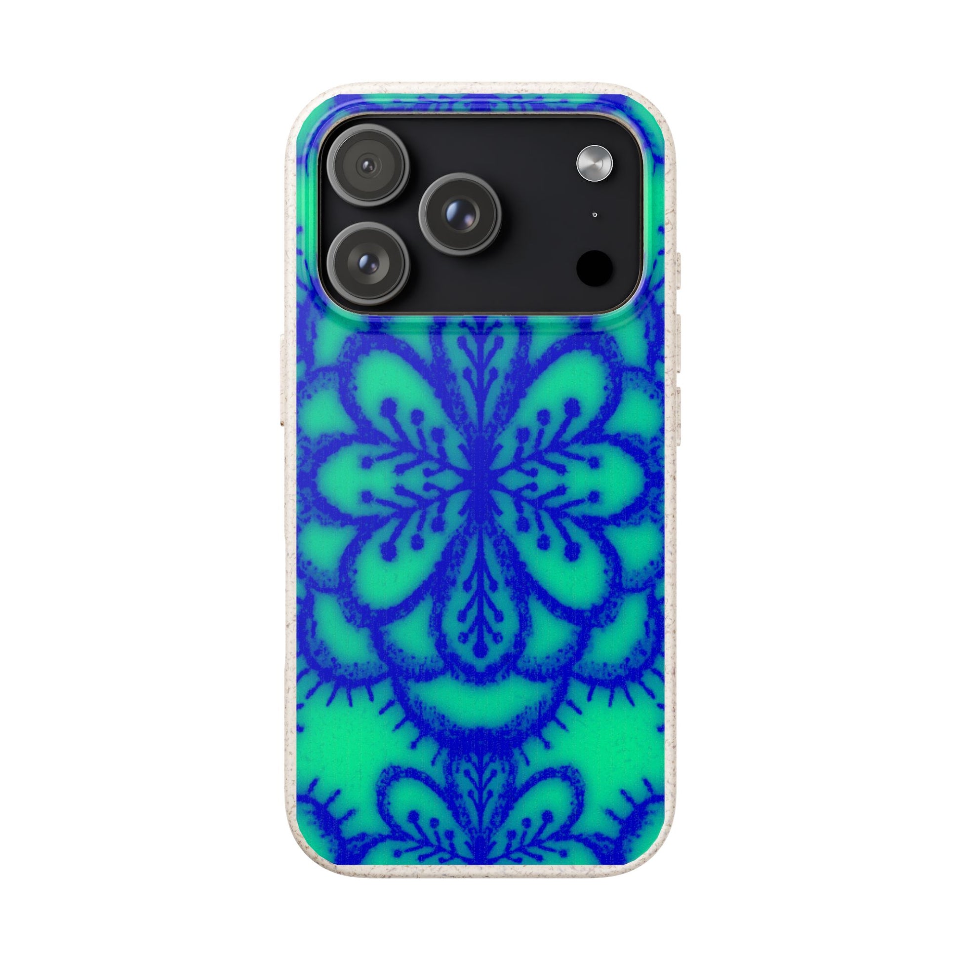 A phone case featuring a vibrant blue and green mandala pattern on a clear bumper, shown against a plain white background.