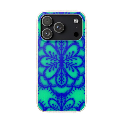 A phone case featuring a vibrant blue and green mandala pattern on a clear bumper, shown against a plain white background.