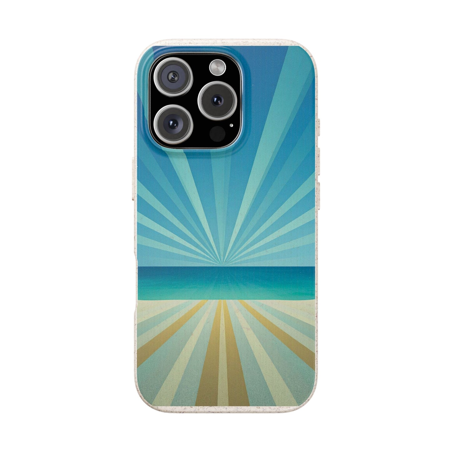 A protective phone case featuring a retro beach scene design with blue and teal sunburst rays over a sandy beach, shown on a plain white background.