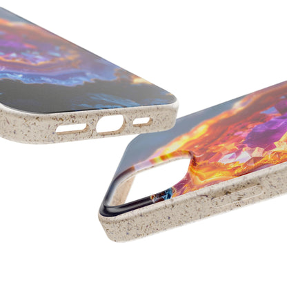 Two views of a phone case with a textured beige speckled border and a colorful abstract print in purple, orange, and blue, shown on a white background.