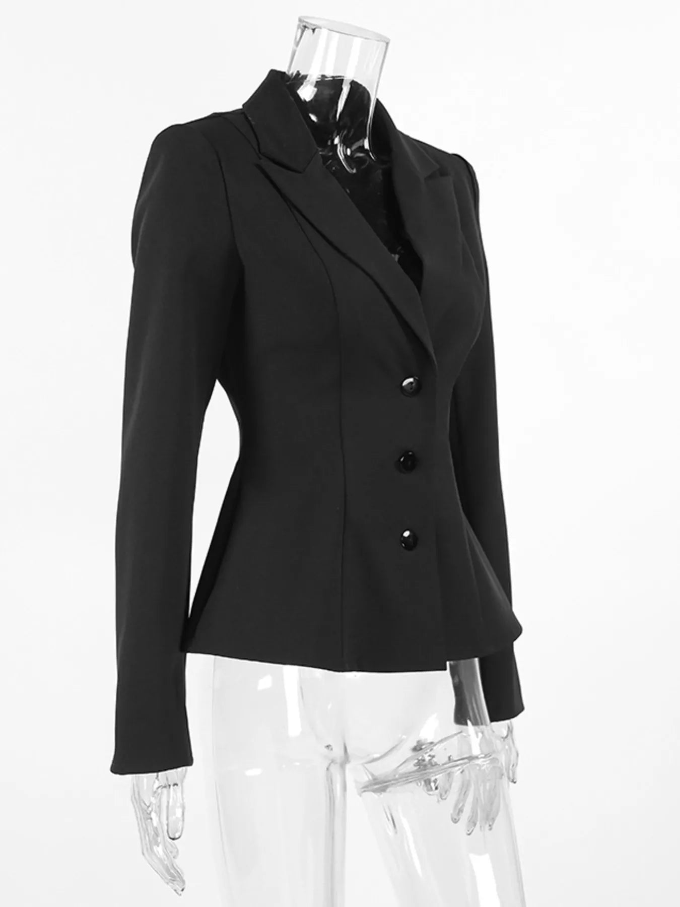 A fitted black women's blazer with structured shoulders and three front buttons, displayed on a clear mannequin against a plain white background.