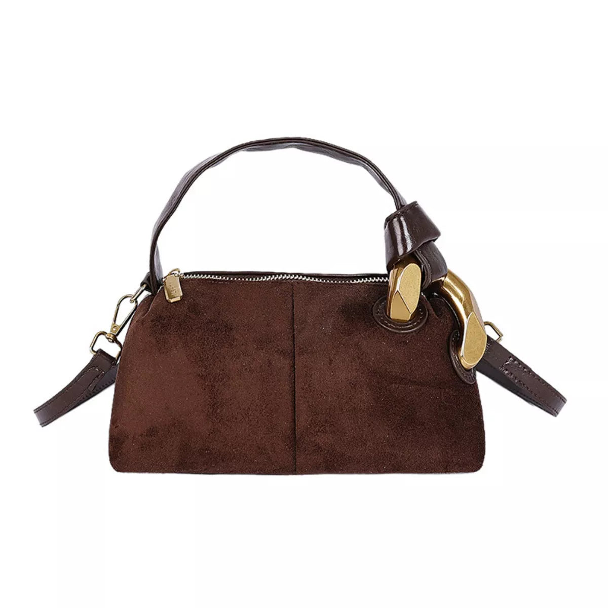 Brown suede handbag with gold accents on a white background