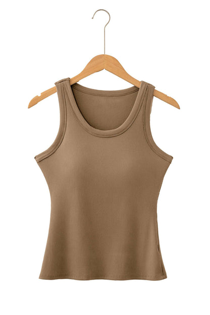 Brown ribbed fabric tank top with a scoop neck hanging on a light wood hanger.