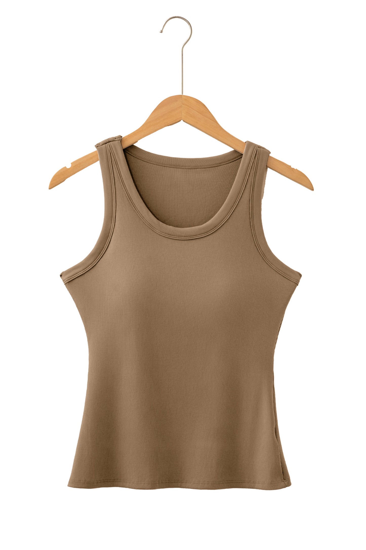 Brown ribbed fabric tank top with a scoop neck hanging on a light wood hanger.