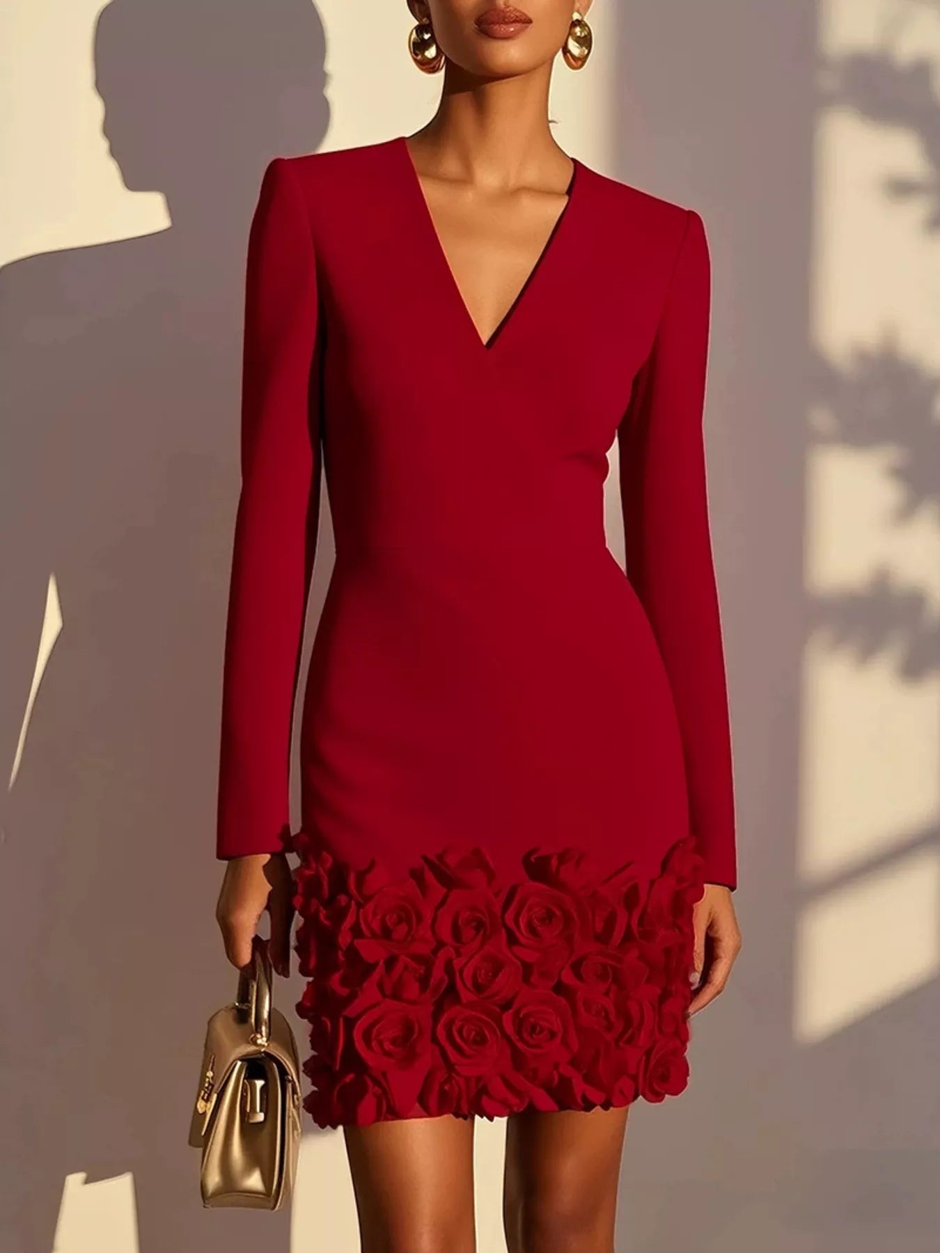 A woman models a fitted long-sleeve red mini dress with a deep V-neck and a rose-patterned hem, holding a small metallic gold handbag against a sunlit wall with leaf shadows.