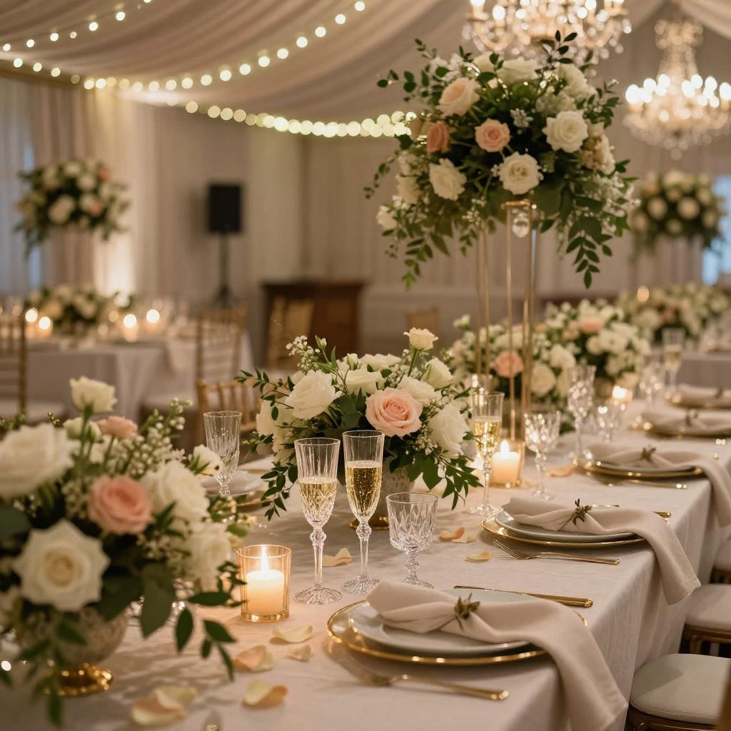 A beautifully arranged wedding reception table setting with white and blush pink floral centerpieces, white plates with gold trim, champagne flutes, and lit candles under warm hanging string lights.