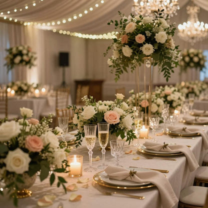 A beautifully arranged wedding reception table setting with white and blush pink floral centerpieces, white plates with gold trim, champagne flutes, and lit candles under warm hanging string lights.