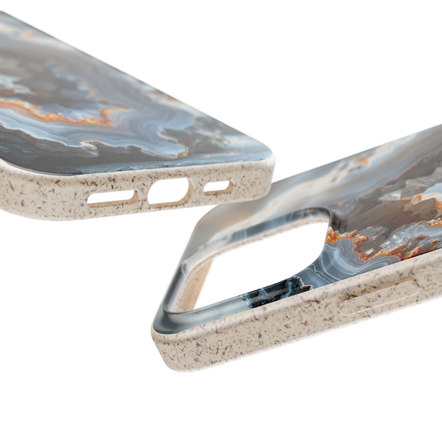 Two close-up views of a phone case with a marbled agate-inspired pattern in gray, blue, white, and brown, featuring a textured beige-beige speckled border, on a solid white background.