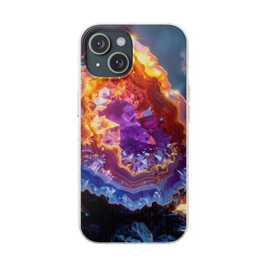 A clear-sided smartphone case featuring a vivid printed design of a geode or crystal cavity with prominent purple, orange, yellow, and blue tones, shown on a plain white background.