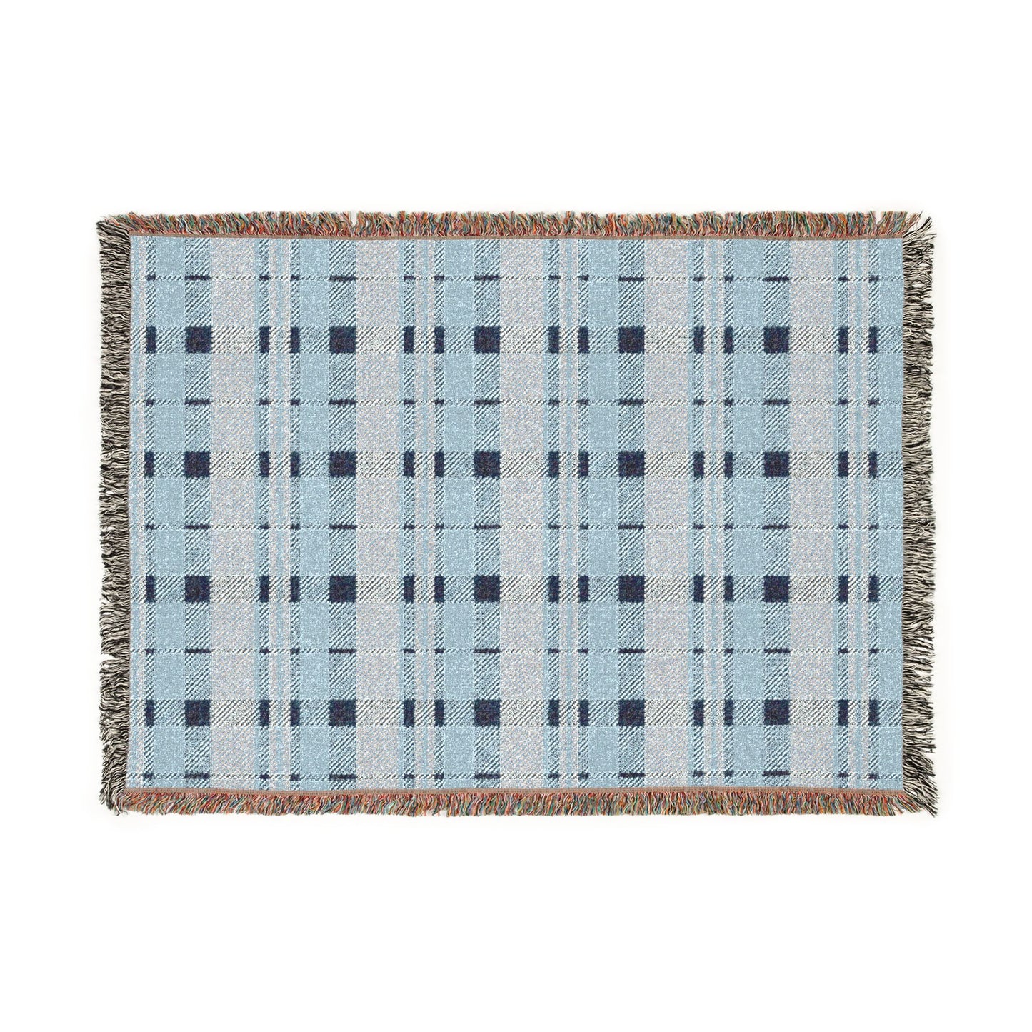 A rectangular woven throw blanket with a light blue and white plaid pattern, dark navy grid lines, and fringed edges on a plain white background.