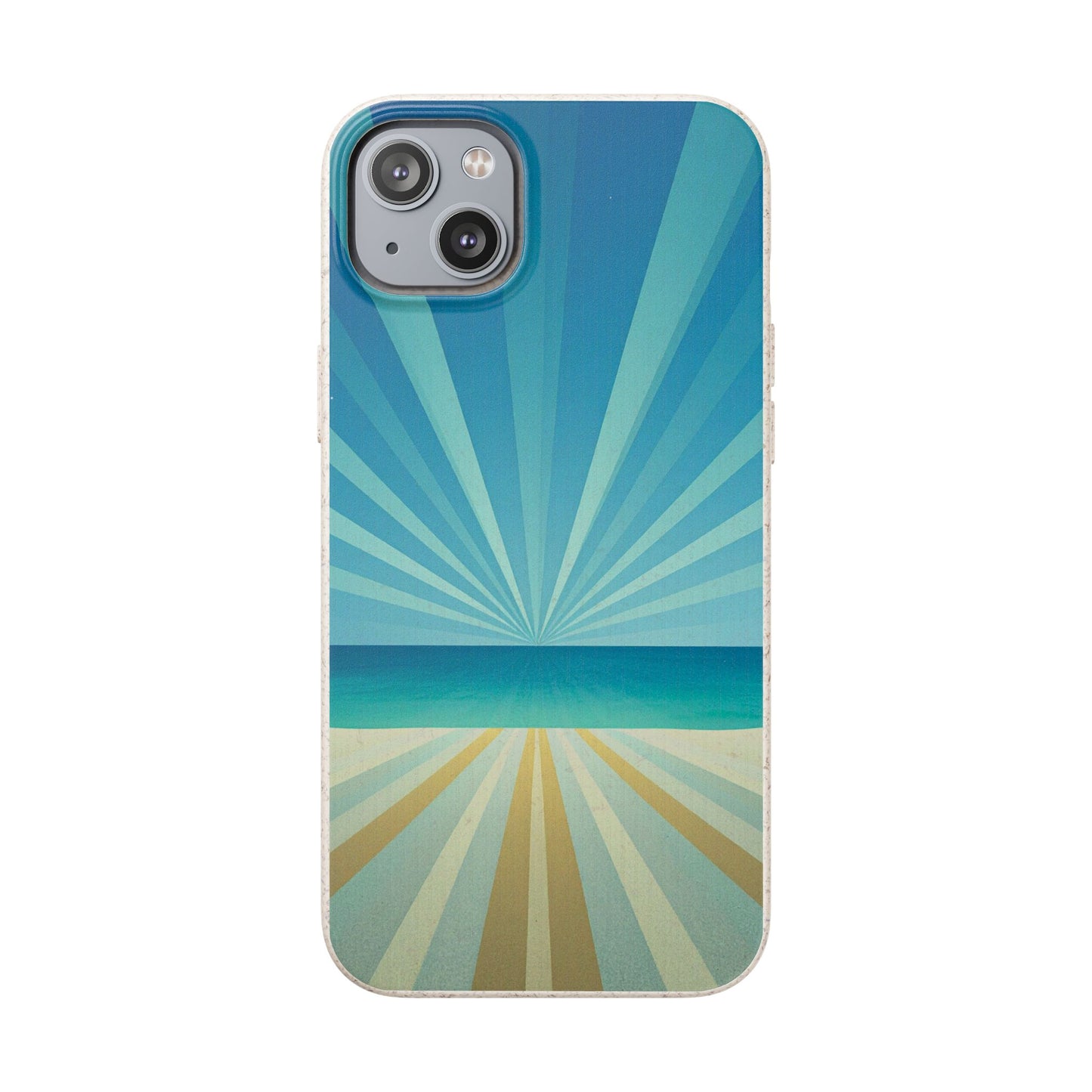 A phone case featuring a retro-style beach scene graphic with blue and teal sunburst rays over a sandy shore, shown on a plain white background.